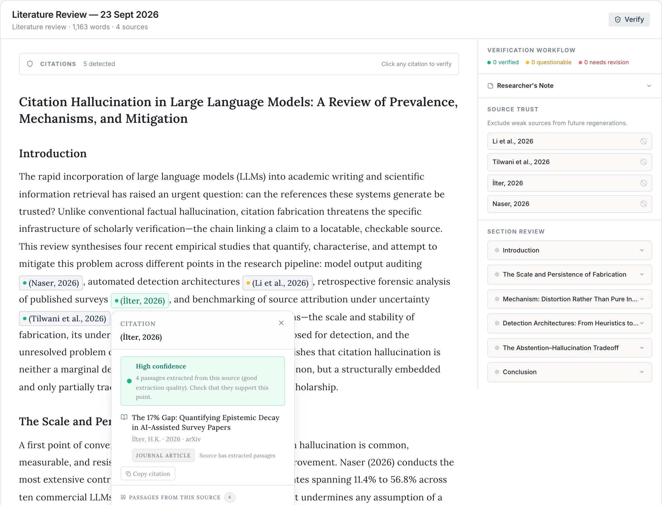 A generated literature review in Context with a citation opened to show its source and the passages extracted from it